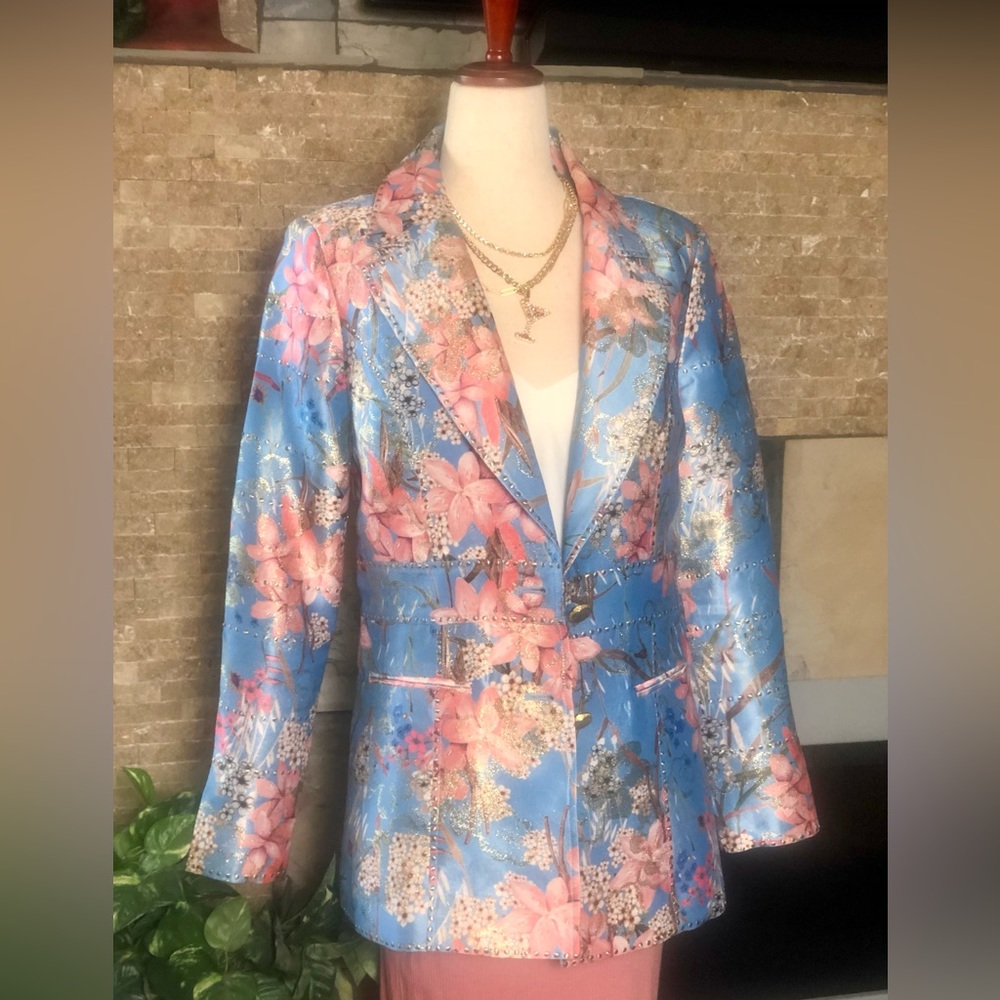Neiman Marcus BEREK Cherry Blossom Blazer Metallic Blue Jacquard Jacket- Small